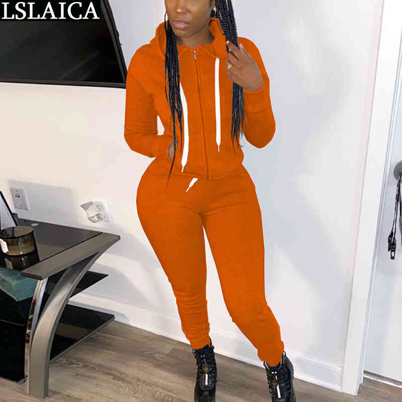 Plus Size Clothing for Women Solid Hooded Sweatshirt Long Pants Set 2 Piece Zipper Drawstring Sport Fitness Track Suit 210520