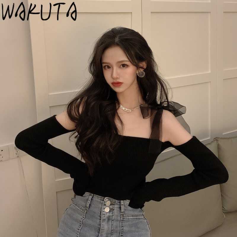 WAKUTA Korean Girls Knitted Tops Mesh Bow Tie Sexy Off Shoulder Black Pullovers Skinny Elegant Short Jumper Womens Clothes 210918