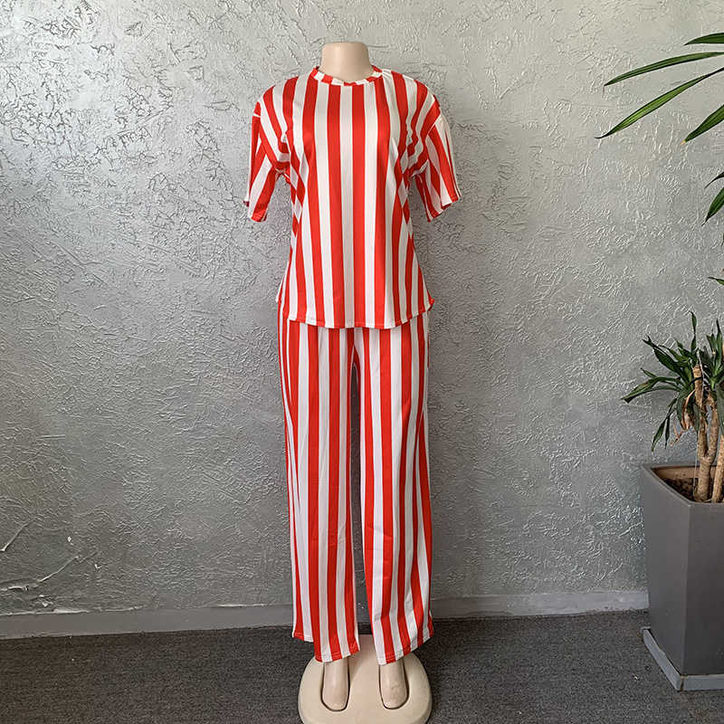 Women's Stripe Printed 2 Piece Sets Tracksuit Women Casual Plus Size Office Lady Tops and Wide Leg Pants Set For Women 211007