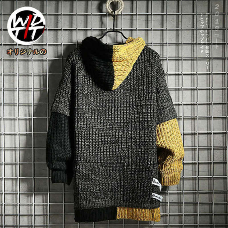 Winter Mens Patchwork Pullover Knit Sweater Hip Hop Embroidery Crewneck Knitwear Sweater Tops 210929