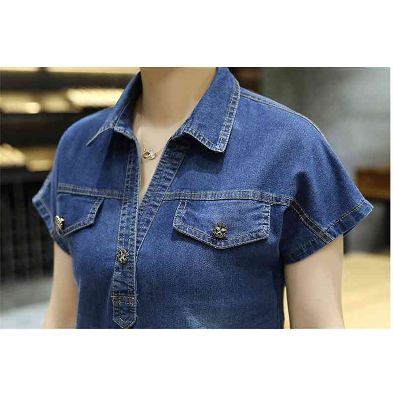 Autumn arrival Summer Women Denim Dress Short Sleeves Pockets Loose Casual Dresses Plus Size Solid 843J 210420