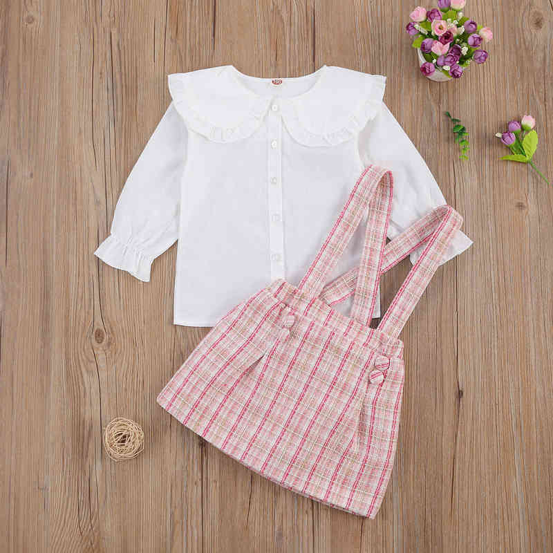 Lovely Kids Baby Girls Clothes 2pcs Suit Peter Pan Collar Long Sleeve Shirt Plaid Suspender Skirt for Autumn Spring Outfits 2-7Y Y220310