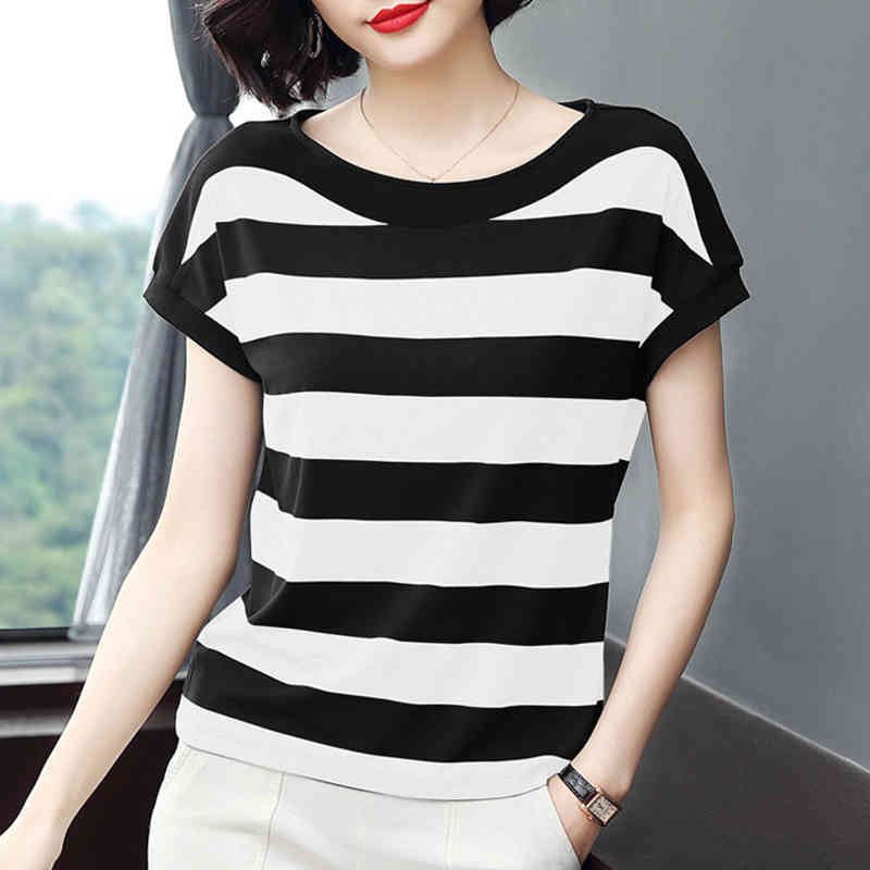 Cotton Black Striped Women Summer Loose T-Shirts Female Plus Size Short Sleeve Casual O-Neck Modal T Shirt Ladies Soft Tops 210406