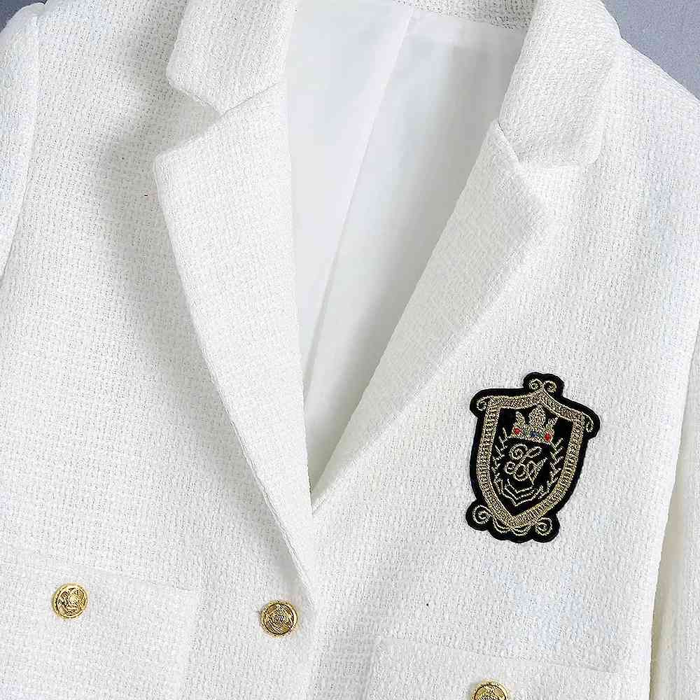 Women England Style Badge Patch Woolen Blazer Coat Vintyage Office Lady Long Sleeve Single Breasted Chic Female Outwear Tops 210521