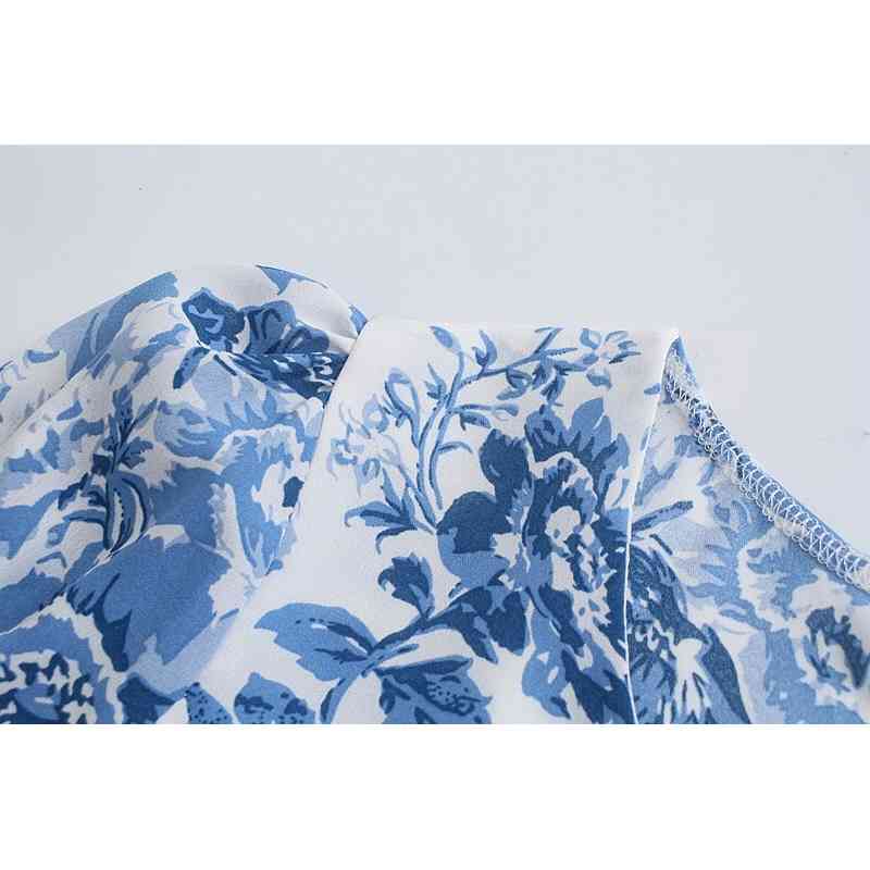 Retro Blue White Floral Print Mid Long Slit Dress Woman Vintage French Split Back Elastic Cuff Chiffon Dresses Holiday 210429