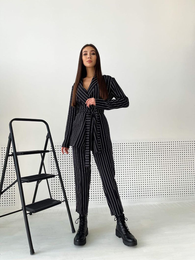 Fashion Striped Women Blazer Suit with Belt Long Sleeve Slim Fit Ladies Formal Pants Suits Prom Party Wedding (jacket+pants)