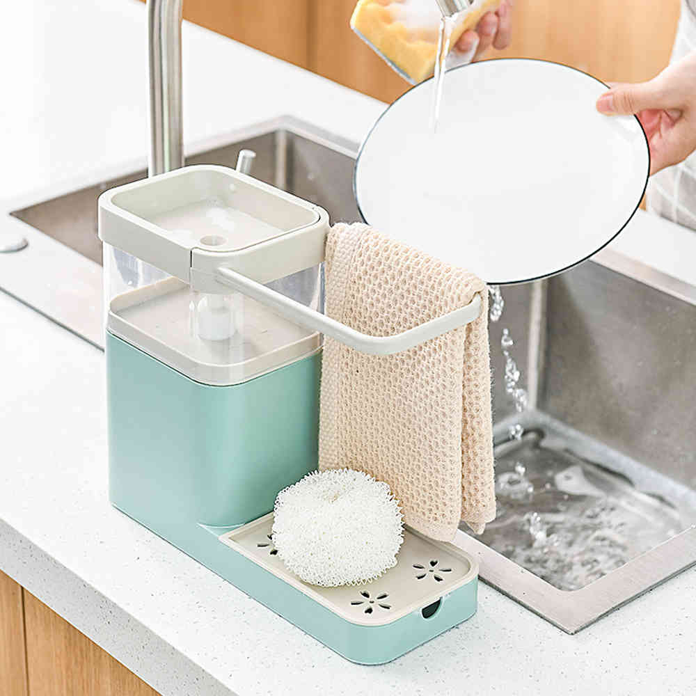 Soap dispenser (3 in 1), detergent container, sponge holder, dishcloth, towel, dishcloth, clothes rack, drainpipe trimmer