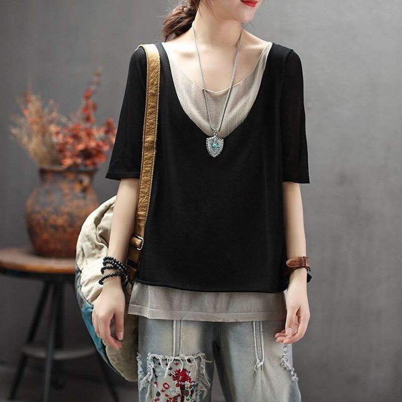 Summer Arts Style Women Half Sleeve Loose Tshirt Casual False Two Pieces O-neck Vintage linen Tee Shirt Femme Tops D412 210512