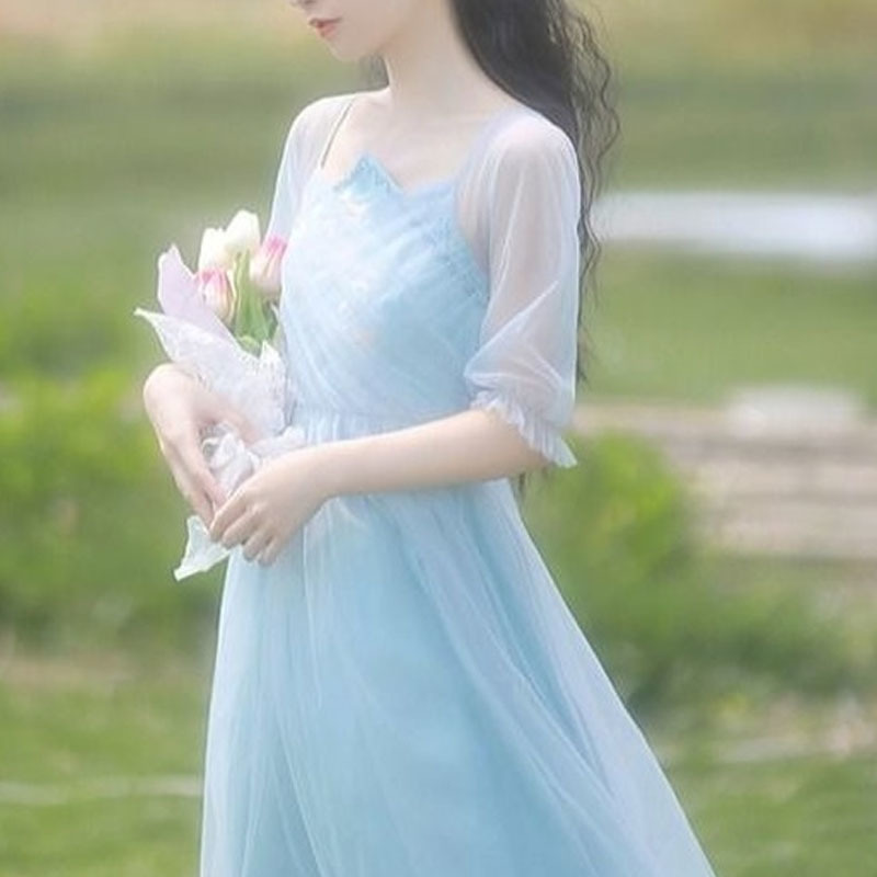 Elegant Sweet Dress Women Chiffon Lace Thin Dress Evening Party Fairy Dress for Females Office Lady High Waist Summer Chic 210521