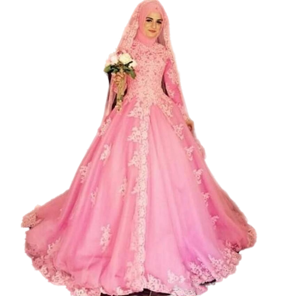 Muslim Pink A Line Wedding Dress With Simple Handmade Hijab Veil 2022 Spring High Collar Long Sleeves Arabic Dubai Bridal Gowns Lace Appliqued Islamic