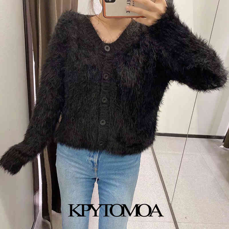 Women Fashion Soft Touch Faux Fur Knitted Cardigan Sweater Long Sleeve Button-up Female Outerwear Chic Top 210420