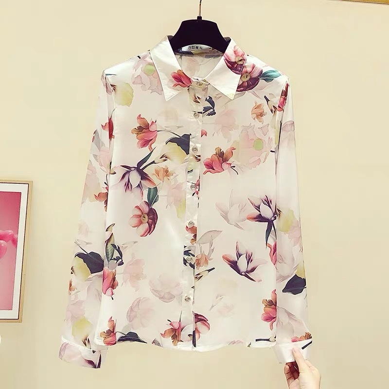 casual flower printed satin chiffon blouse women turn down collar long sleeve spring summer shirts lady tops plus size 210421