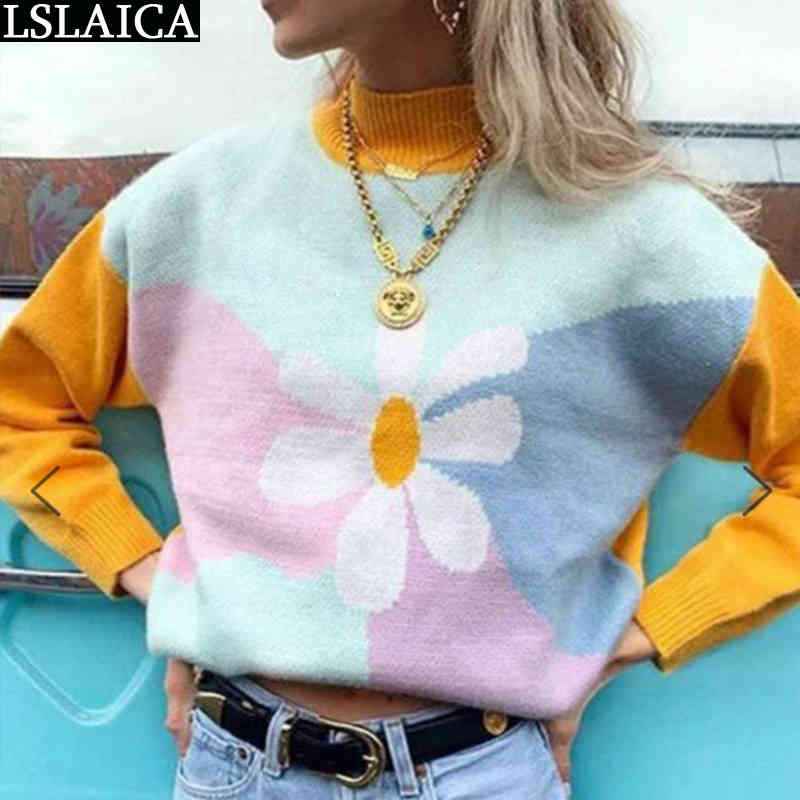 Fashion Long Sleeve Ladies Sweaters Autumn Winter Clothes Casual Women Sun Flower Color Matching Elegant Office Lady 210520