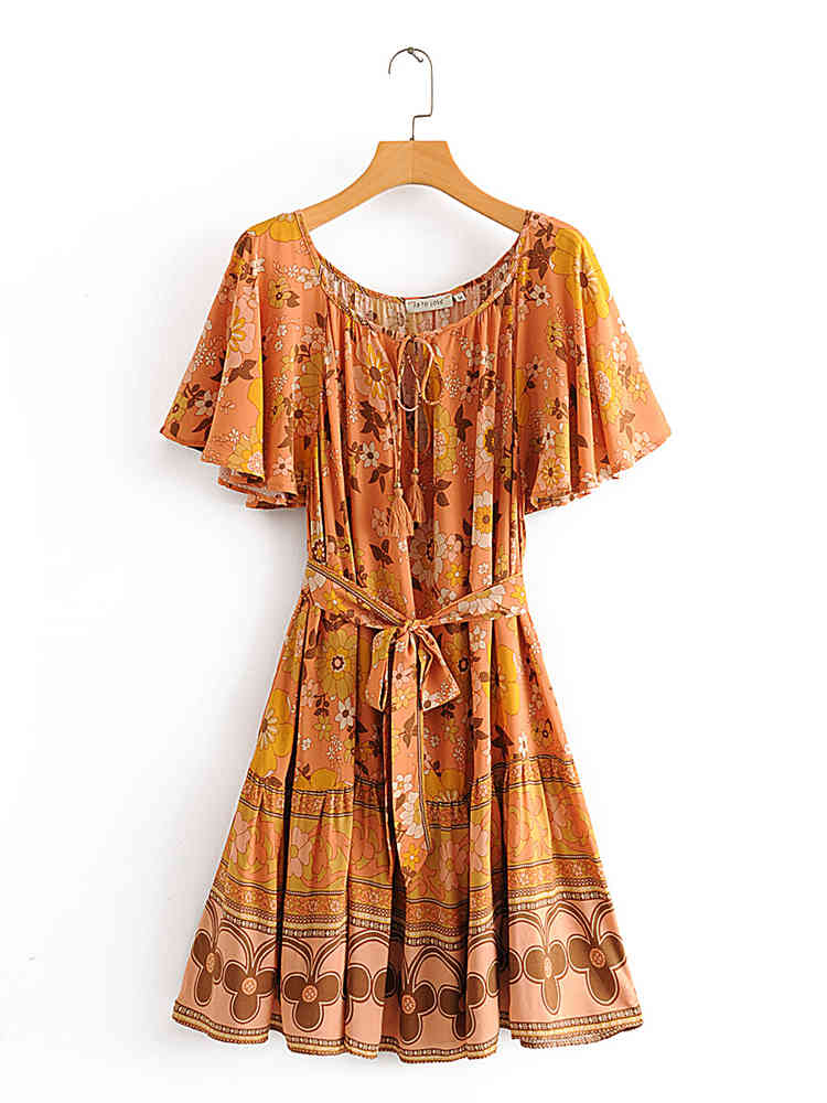 beauty Boho Fashion Floral Print O-neck Midi Dress Women Holiday Chic Sashes Summer Dresses Mujer Vestido De Moda 210514