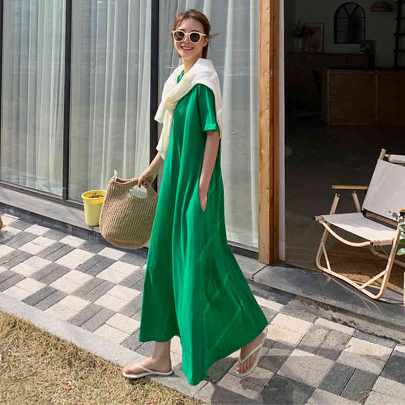 Minimalist Green Dress Women's Summer Round Neck Loose Short Sleeve Mid-calf Dresses Female Fashion 5E370 210427