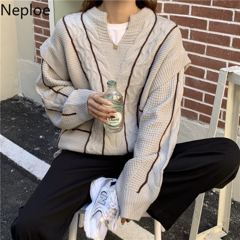 Neploe Vintage Knitted Sweaters for Women Overiszed Outwear Temperament Pullovers V-neck Ribbed Jumper Coat Pull Femme 4G825 210422