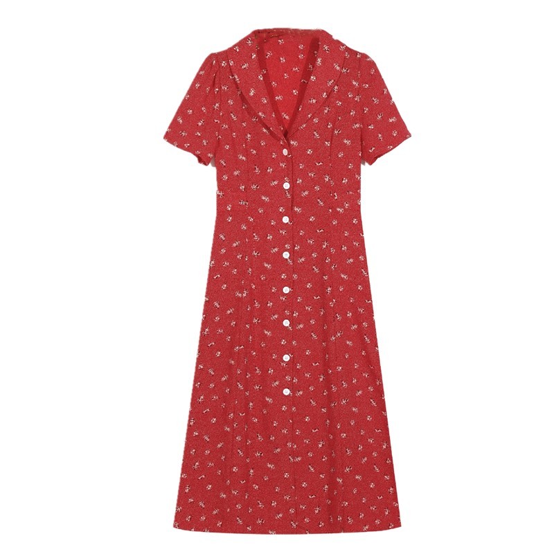France Fitted Vestidos Center Buttons Slit Flower Midi Dress Vintage Lapel Floral Print Short Sleeve Summer 210429