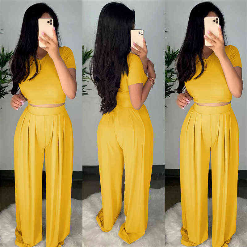 Wholesale Dropshpping High Quality Women Two-piece Sets Solid Color Tight Casual Top + Wide Leg Pants Elasticity 211105