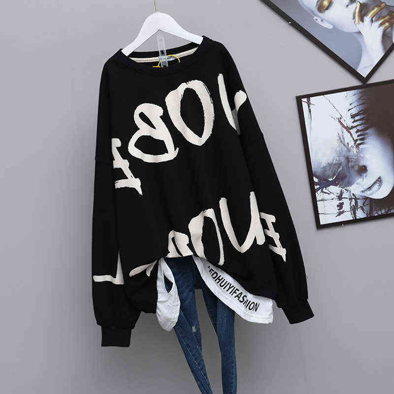 QWEEK Letter Print Crewneck Sweatshirt Women Spring Coat Oversized Hoodies Fashion Korean Style Kpop Long Sleeve Tops Women 211109