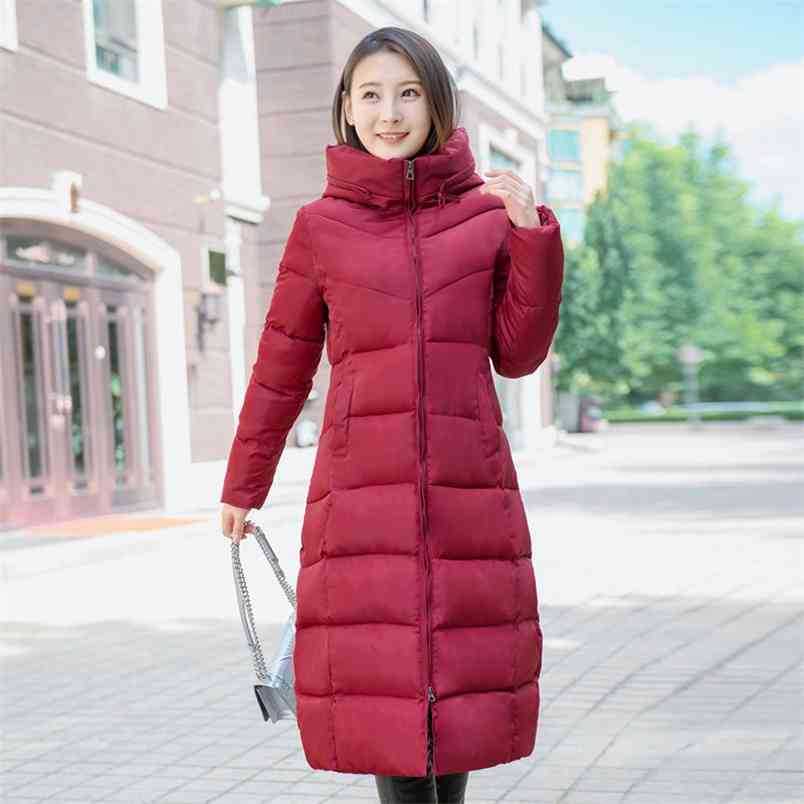 Winter Women Slim Warm Parkas Korea Fashion Thick Long Hooded Coat Female cotton-padded Plus Size Lady Jacket D251 210512