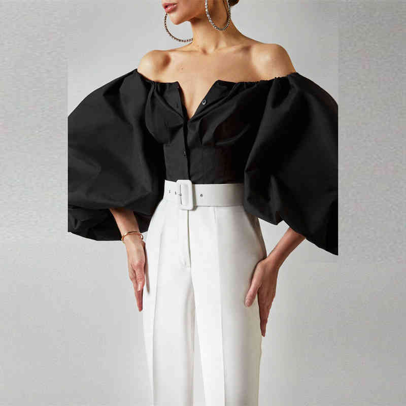 Fashion Sexy Off Shoulder Blouses Women Spring Summer Lantern Long Sleeve Shirts Print Top Vintage Holiday Elegant Shirt Blusas 210515