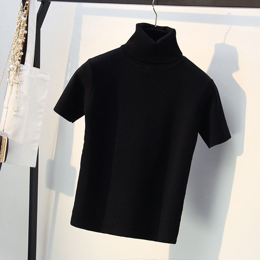 Spring Knitted Tops Women Short Sleeve T shirt Autumn Winter Turtleneck Pullovers T-shirt Tee Shirt Femme Tshirt Knitwear 210406