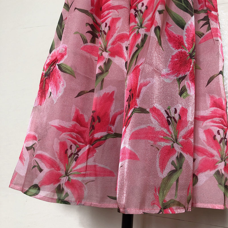 Lily Flower Print Midi Dress High Quality Spaghetti Strap Women Summer Floral Casual Beach Pinting Dreess Glitter Party 210421