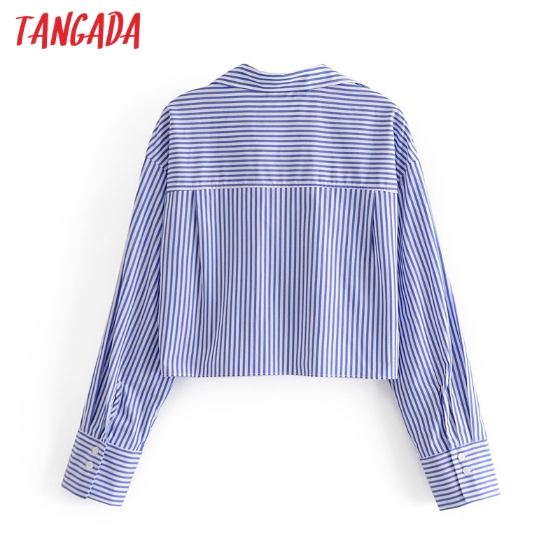 Women Retro Blue Striped Print Crop Long Sleeve Chic Female Short Blouse Shirt Tops 3H75 210416