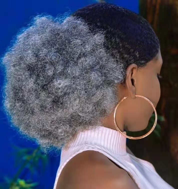 Pepper and salt Grey kinky ponytail pixie cut natural blow out,gray hair buns 4c afro puff ponytail hairpiece 120g