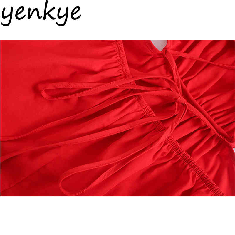 Fashion Women Sexy Hollow Out Red Dress Female O Neck Puff Sleeve A-line Summer Party Dresses Chic Midi Vestido 210430