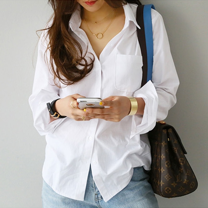 Spring One Pocket Women White Shirt Feminine Blouse Top Long Sleeve Casual Turn-down Collar OL Style Women Loose Blouses 210419