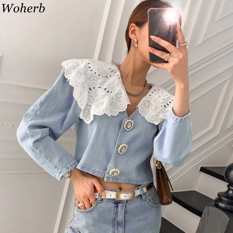 Elegant Tops Women Denim Shirt Lace Doll Collar Korean Style Fashion Blouse Cropped Vintage Blouses Blusas 210519
