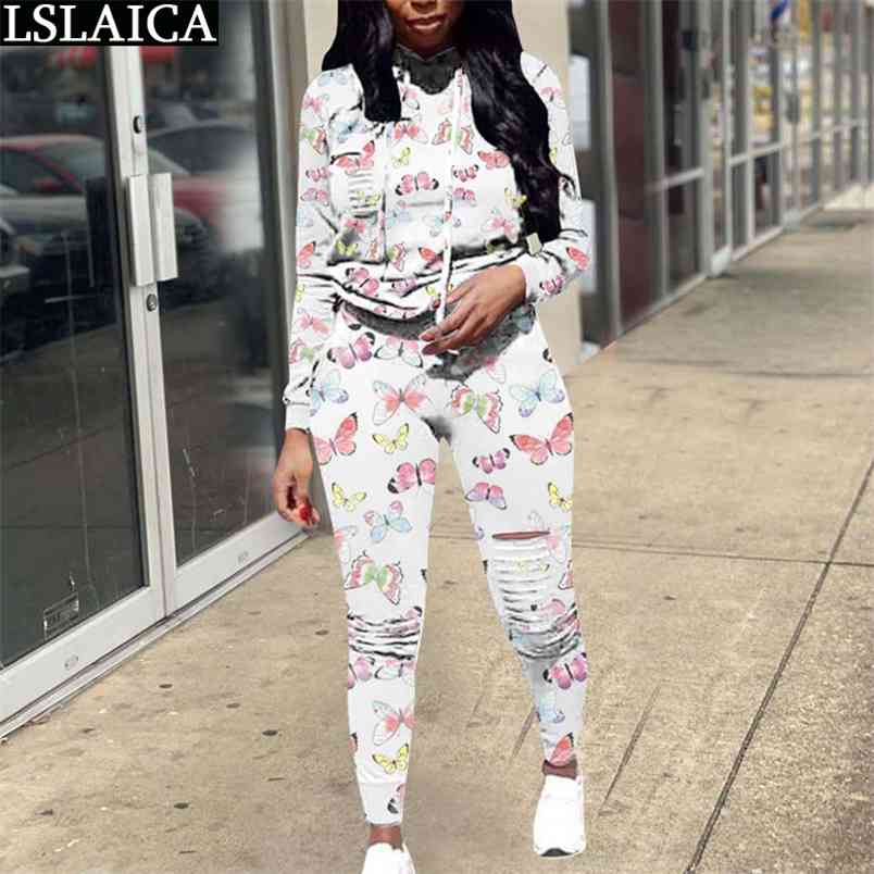 Fashion Two Piece Set Tracksuit Women Autumn Long Sleeve Hooded Sweatshirt Tops Hole Pants Sports Suit 210515