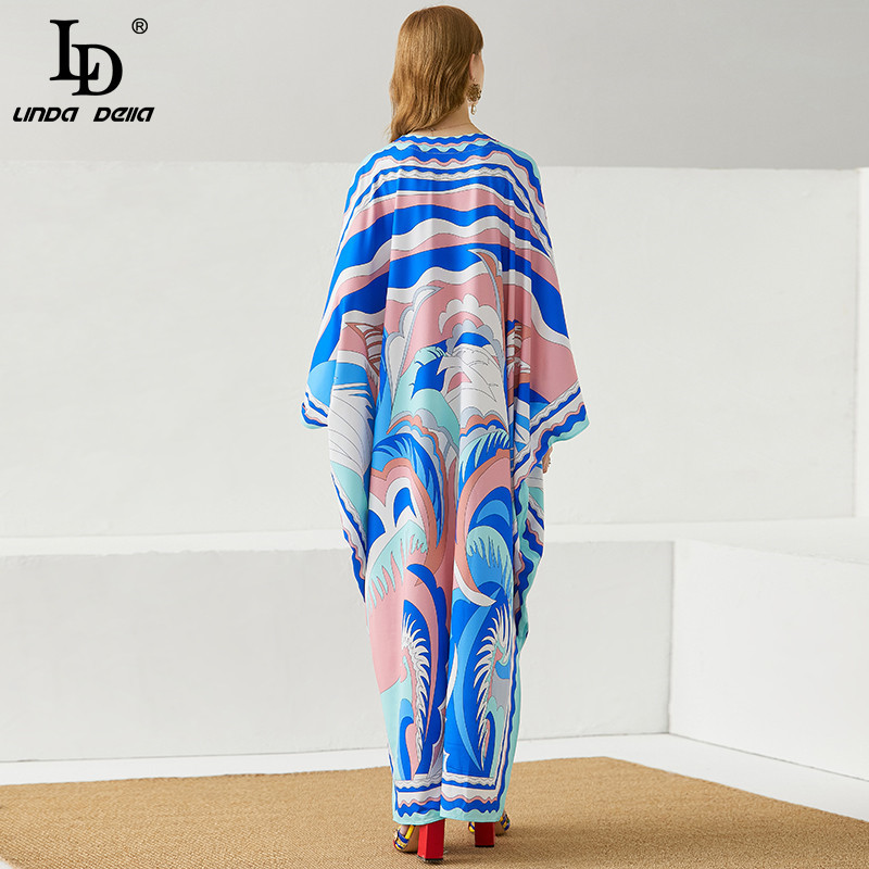knitted Loose Dress Plus Size Women V-Neck Batwing Sleeve Bohemia Holidays Party Print Maxi Long robe gown 210522