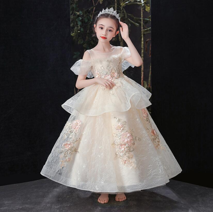 Champagne Girls Kids Wedding Flower Princess Party Pageant Dresses Sequins Appliques Girl Evening Dress Long Vestidos 403