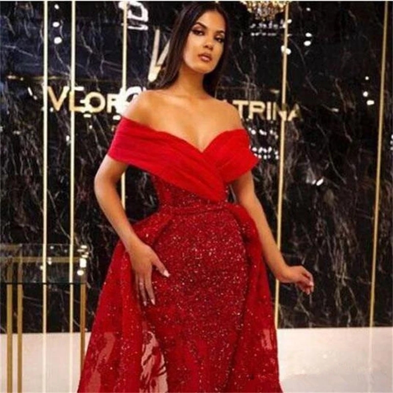 Mermaid Evening Dresses Red Off Shoulder Sequined Appliques Prom Party Gown With Detachable Train Robe De Marie