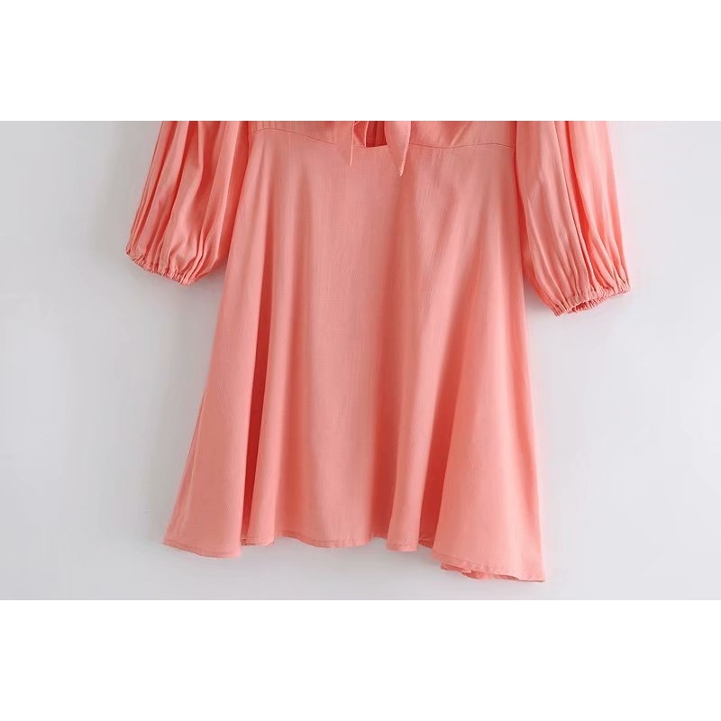 Elegant Women Bow V-Neck Cotton Dresses Fashion Ladies Puff Sleeve Vestidos Sweet Female Chic A-Line Mini Dress 210430
