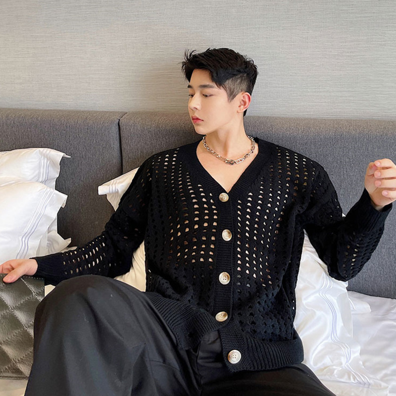 IEFB Men's Thin Hollow Out Sweater Cardigan Coat Man Women Korean Spring Summer Streetwear Vintage Knitwear V-neck Tops 210524