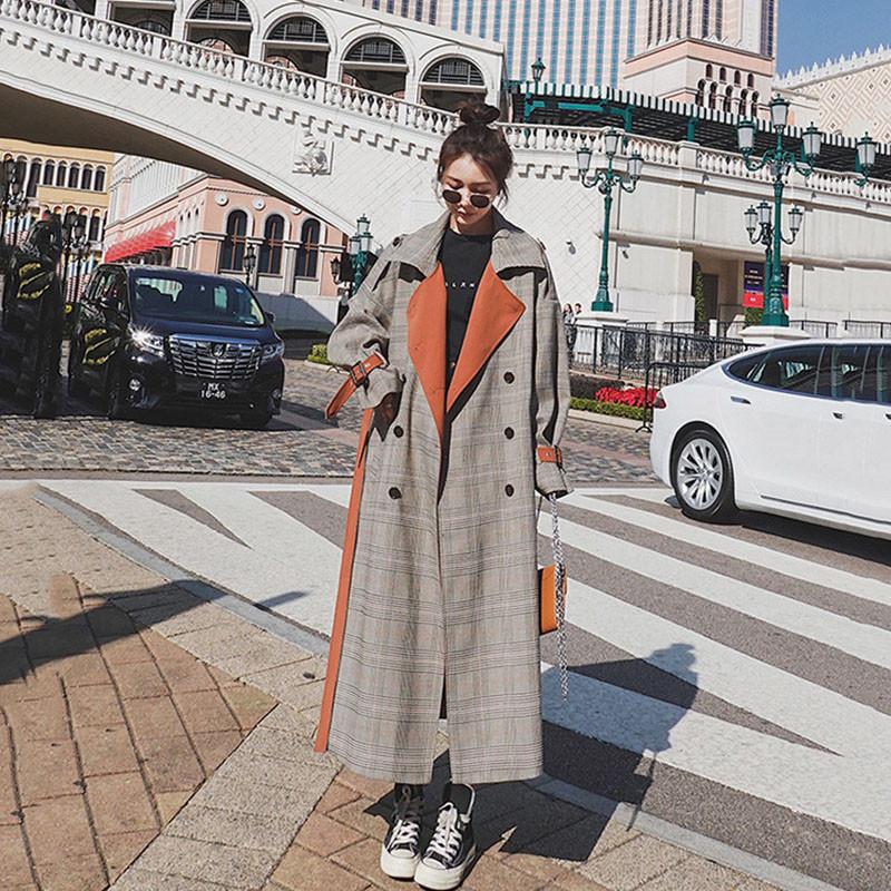 Spring Autumn Korean Retro Long Plaid Trench Coat Women Clothing Large Size Sleeve Windbreaker Overcoats M220 Women's Coats