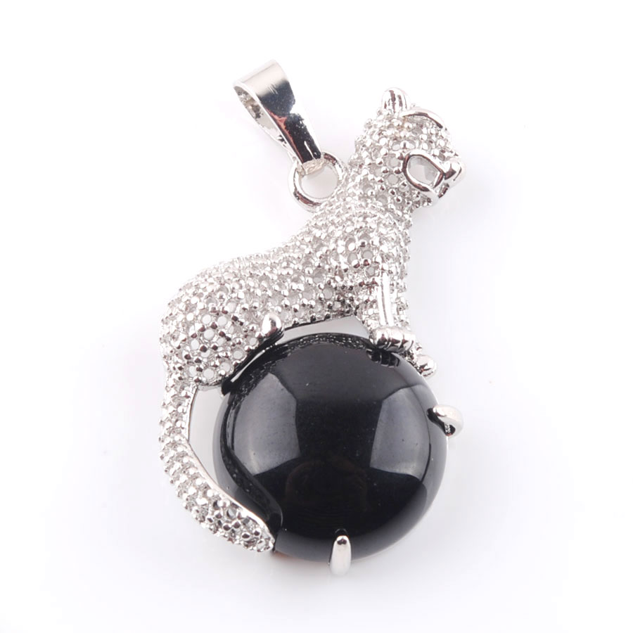 WOJIAER Cute Leopard Pendants for Round Gem Stone Natural Snow Amethyst Tigers Eye Healing Charm Jewelry BN373