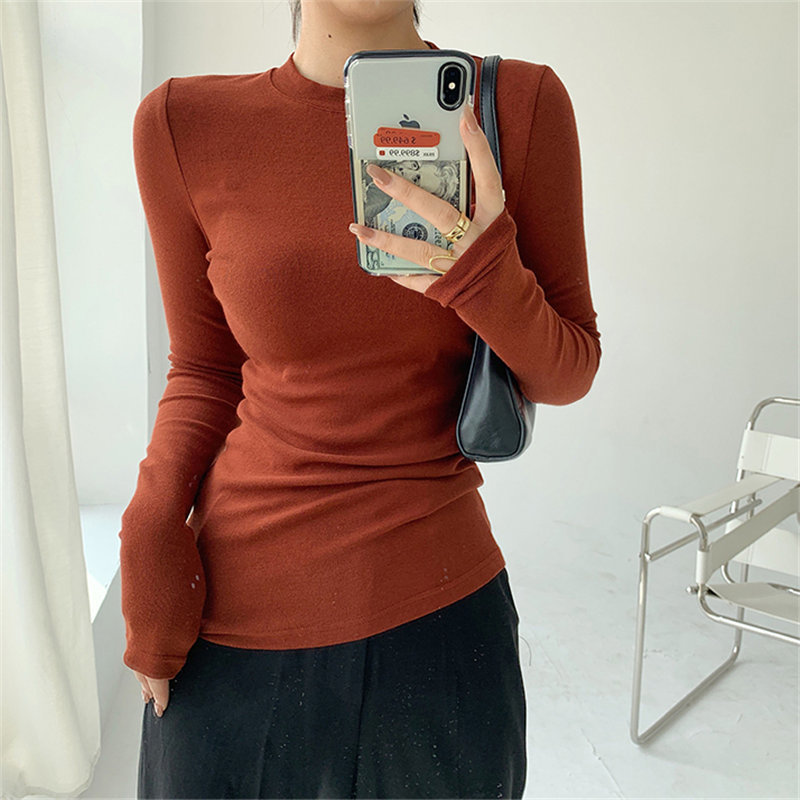Female Cotton All Match Solid Basic Women Autumn Brief Warm Tops Minimalist Slim Full Sleeves Plus Size T-Shirts 210421
