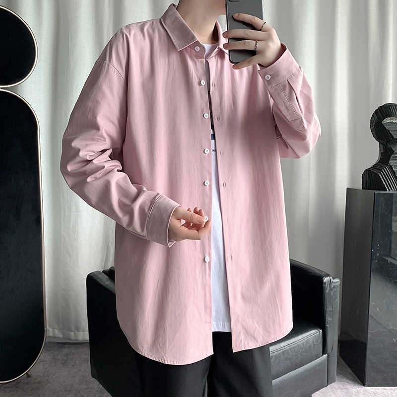 Sping Autumn Korean Fashion Mens Shirts Daily Casual Loose Button Down Cooton Long Sleeve Black Khaki White Shirts 4XL 5XL 210528