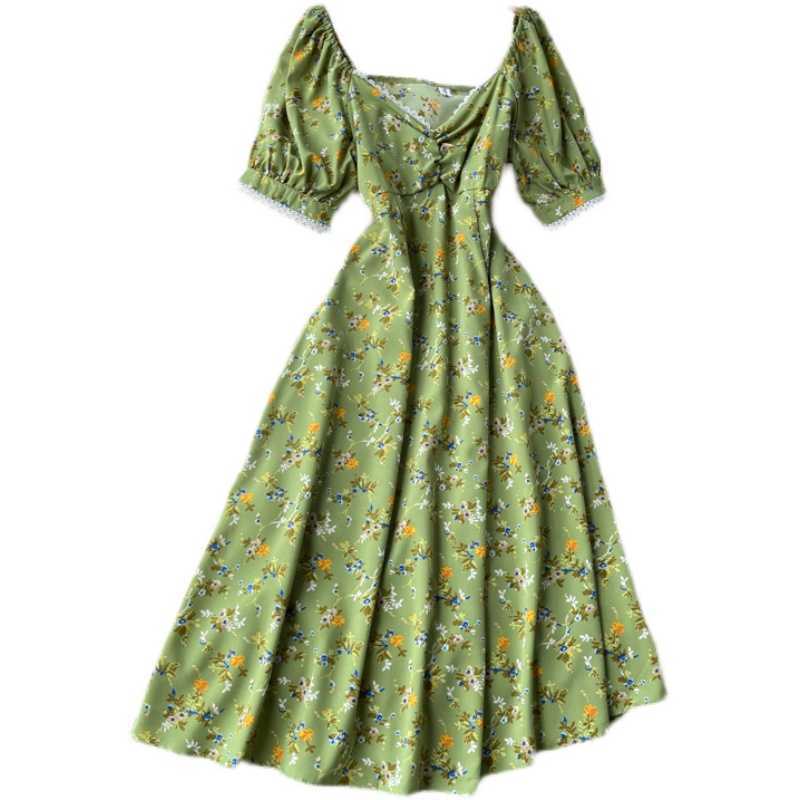 DEAT Women Printing Lace Dress Square Collar Puff Sleeve Arrivals Lady Temperament Fashion Spring Summer 11D565 210709