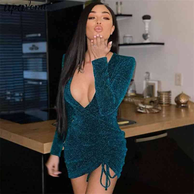 Free Sexy Shiny Dress Women's Green V-Neck Drawstring Irregular Draping Bodycon Nightclub Party Mini Dressts 210524