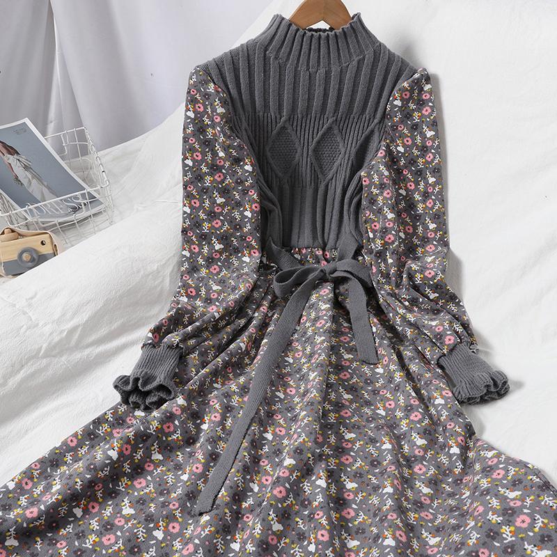 Office Lady Knitted Sweater Pleated Dress Female Casual Long Sleeve Midi Elegant Autumn Winter Bottoming Women 2021 Dresses