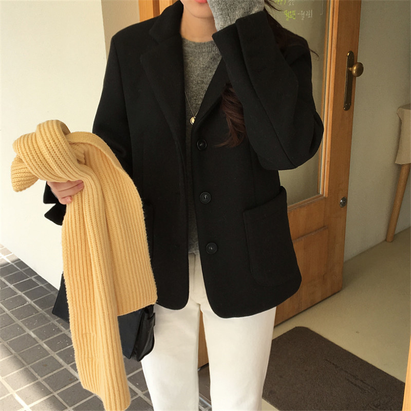 OL Single-breasted Woolen Blazer Coat Women Autumn Winter Elegant Tops Loose Notched Suit Jacket Solid Blazers 210421