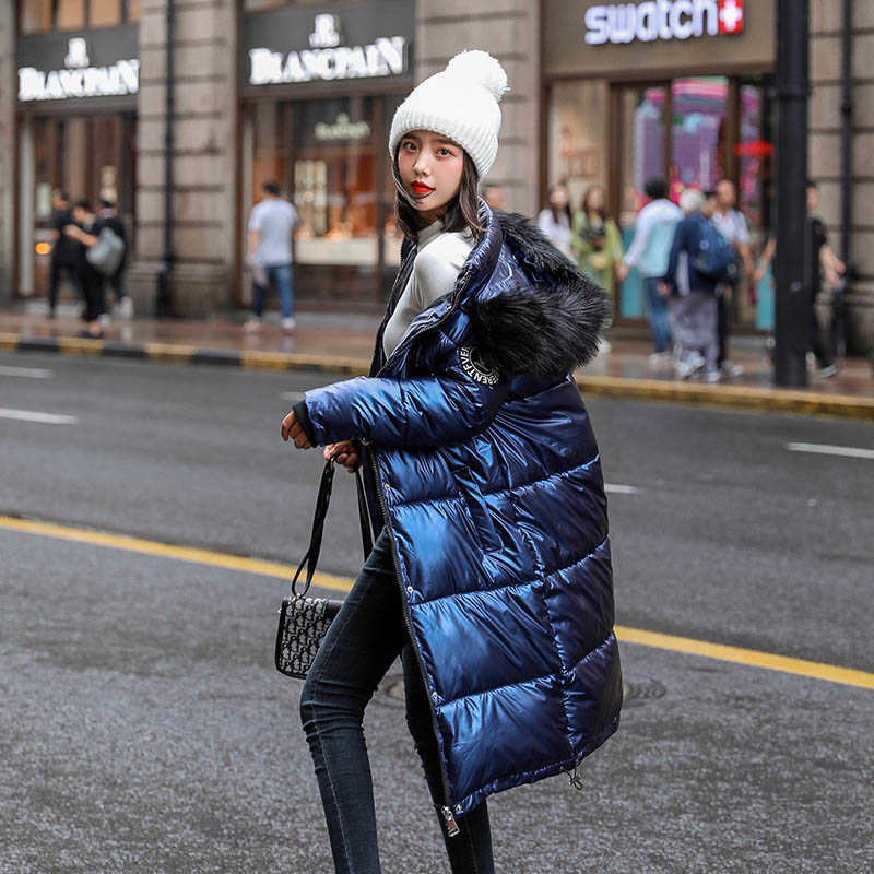 Faux Fur Hooded Winter Jacket Women Long Parka Thicken Warm Ladies Puffer Coat Women Warm Glossy Parkas Mujer Casaco Jacket 210528