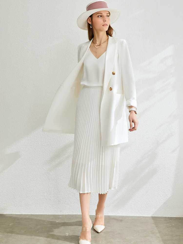 Spring Summer Office Wear White Black Long Skirt Vintage England Preppy Style Elastic Waist Basic Accordion Pleated Skirts 210619