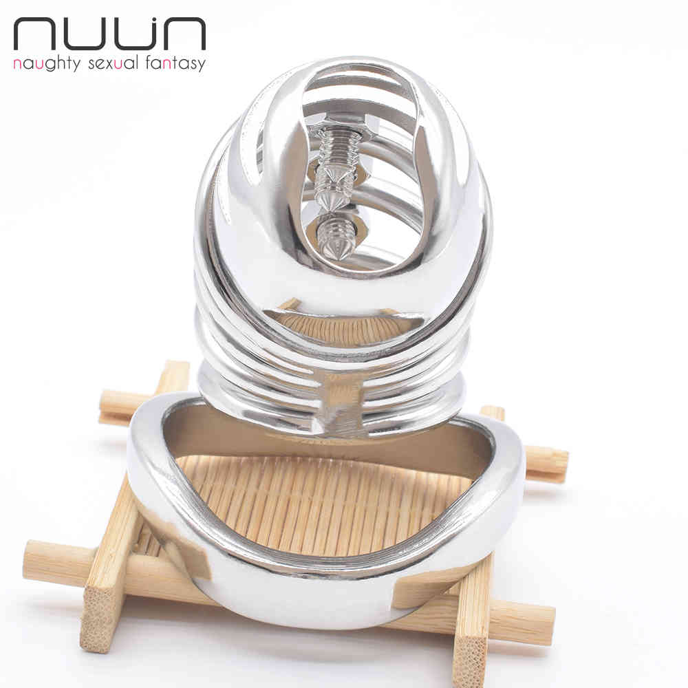 NUUN Male Chastity Device Bolted CBT Cock Cage with Spikes Stimulate Denial Penis Rings BDSM Bondage Kink Sissy Sex Toys for Men 210408