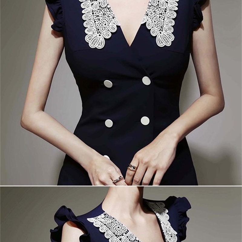 Women Lace With V-Neck Double Breasted Sleeveless High Waist Bodycon Mini Dress Korean Elegant Office Lady Slim Dresses 210519